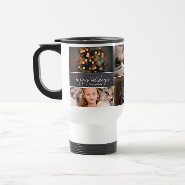 Personalized Happy Holidays Collage 6 Photos Chalk Travel Mug (Left)