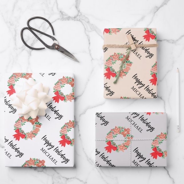 Personalized Happy Holidays Cookie Wreath Wrapping Paper Sheets (Front)