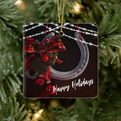 Personalized Happy Holidays Horseshoe Christmas Ceramic Ornament