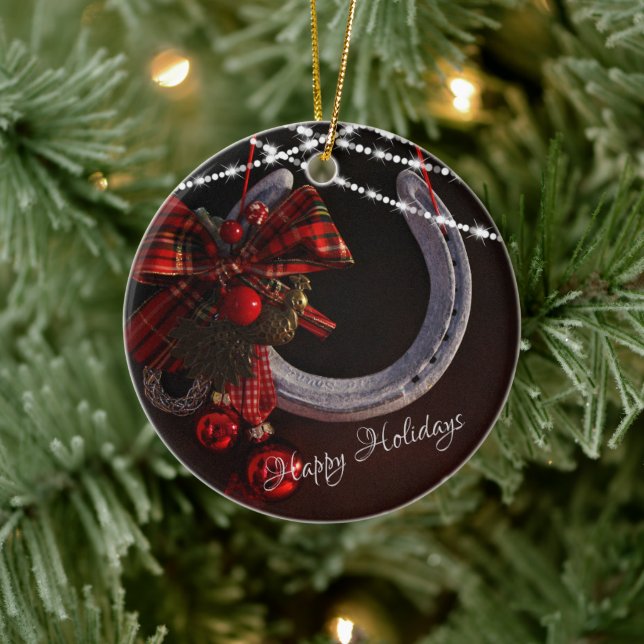 Personalized Happy Holidays Horseshoe Christmas Ceramic Ornament (Tree)