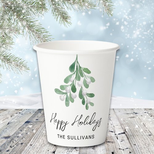 Personalized Happy Holidays Mistletoe Paper Cups