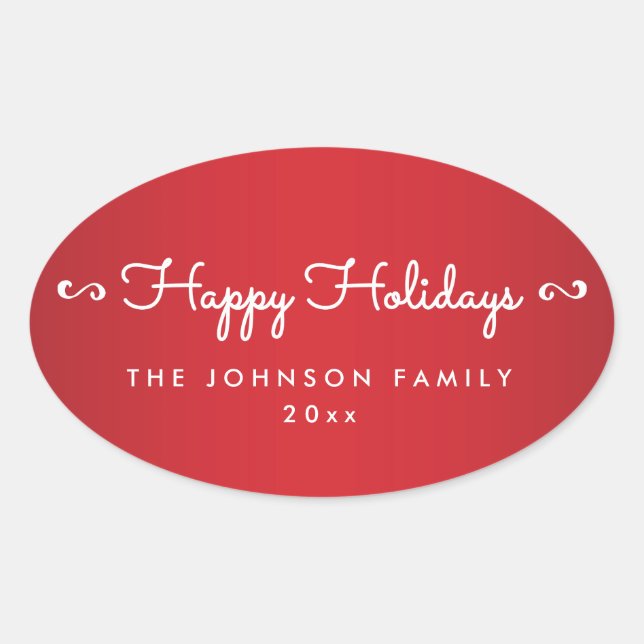 Personalized Happy Holidays Oval Red Stickers (Front)