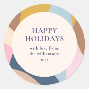 Personalized Happy Holidays Pastel Color Block Classic Round Sticker
