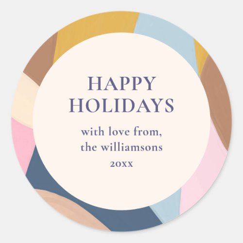 Personalized Happy Holidays Pastel Color Block Classic Round Sticker