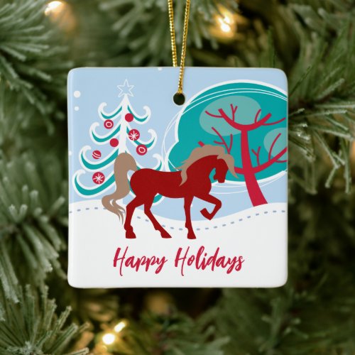 Personalized Happy Holidays Red Horse Christmas Ceramic Ornament