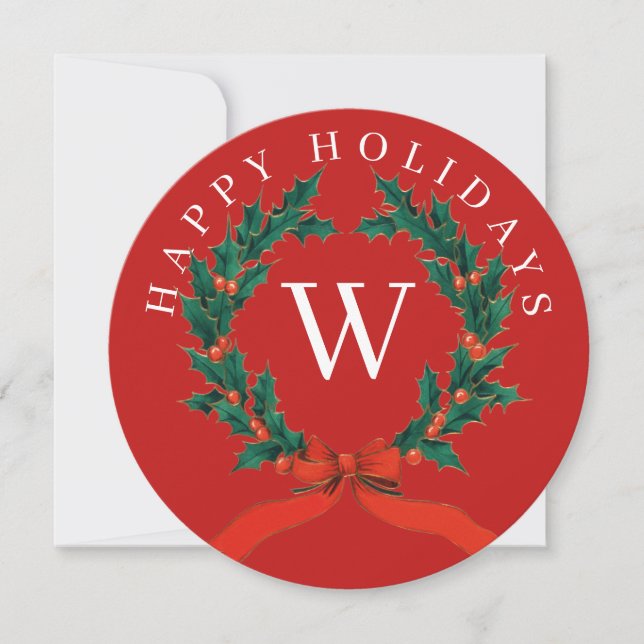 Personalized Happy Holidays Red Monogram Wreath  Holiday Card (Front)