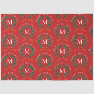 Personalized Happy Holidays Red Monogram Wreath Tissue Paper