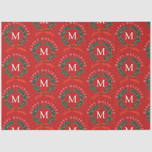 Personalized Happy Holidays Red Monogram Wreath  Tissue Paper (Front)