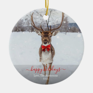 Personalized Happy Holidays Reindeer Year Ceramic Ornament