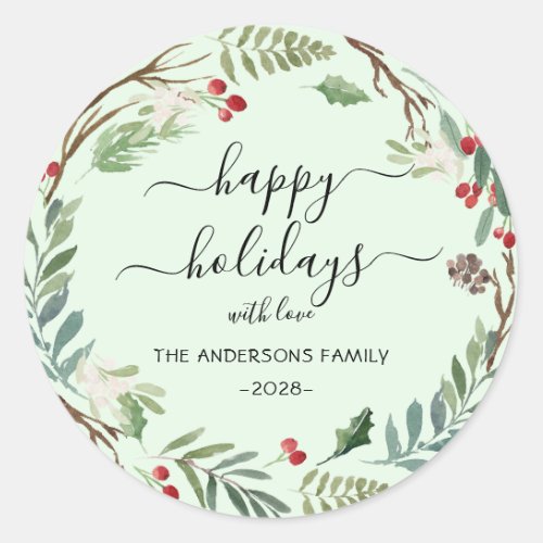 Personalized Happy Holidays watercolor wreath Classic Round Sticker