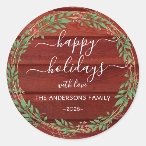 Personalized Happy Holidays watercolor wreath Classic Round Sticker