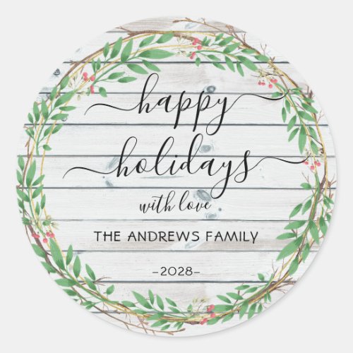 Personalized Happy Holidays watercolor wreath Classic Round Sticker