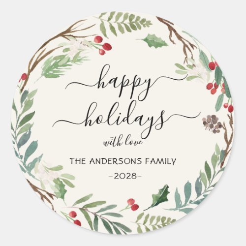 Personalized Happy Holidays watercolor wreath   Classic Round Sticker