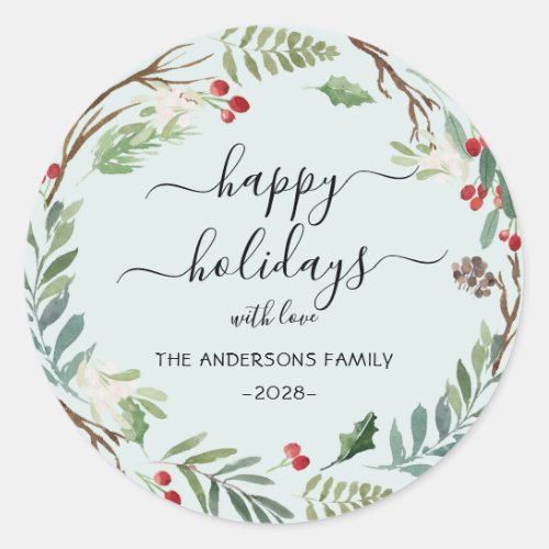 Personalized Happy Holidays watercolor wreath    Classic Round Sticker