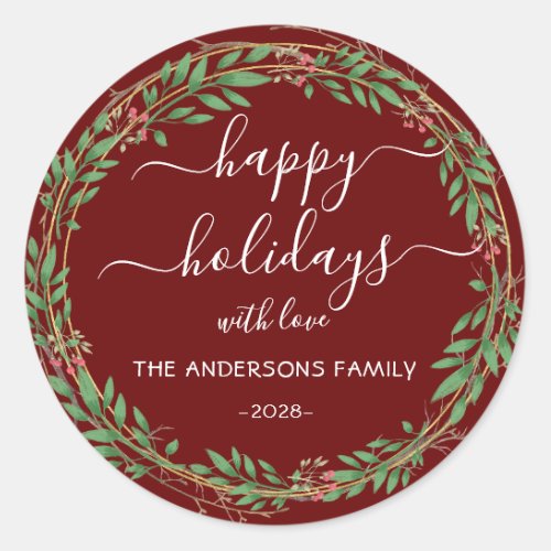 Personalized Happy Holidays watercolor wreath Classic Round Sticker