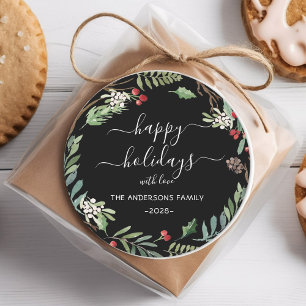 Personalized Happy Holidays watercolor wreath  Classic Round Sticker