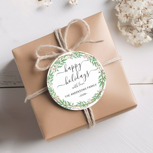 Personalized Happy Holidays watercolor wreath Classic Round Sticker