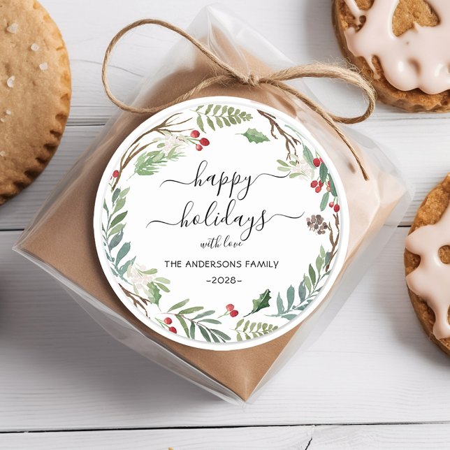 Personalized Happy Holidays watercolor wreath  Classic Round Sticker (Creator Uploaded)