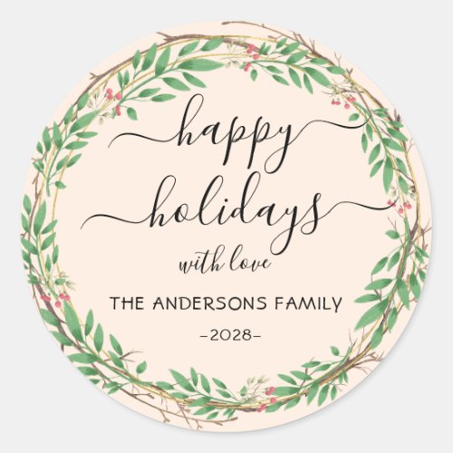 Personalized Happy Holidays watercolor wreath Classic Round Sticker