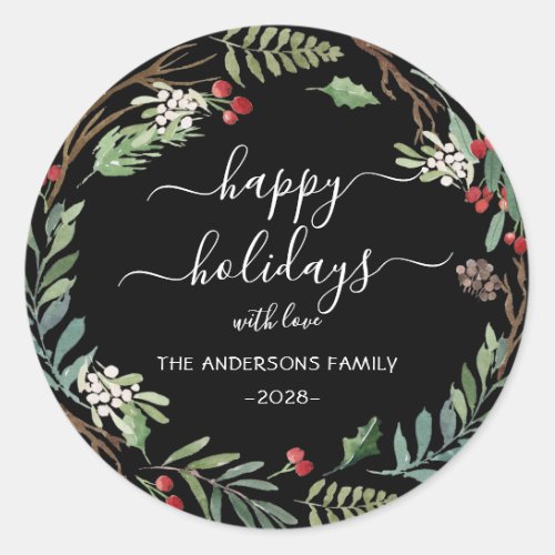 Personalized Happy Holidays watercolor wreath  Classic Round Sticker