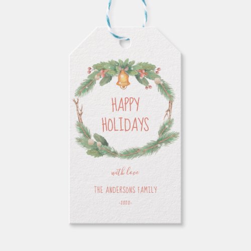 Personalized Happy Holidays watercolor wreath  Gif Gift Tags