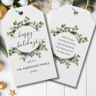 Personalized Happy Holidays watercolor wreath Gift Tags