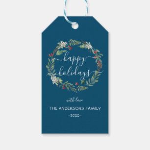 Personalized Happy Holidays watercolor wreath Gift Tags