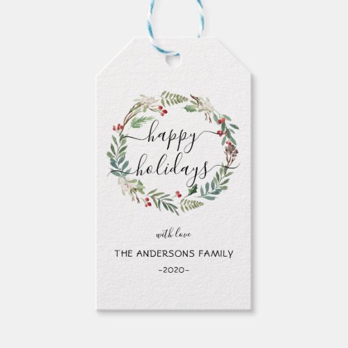 Personalized Happy Holidays watercolor wreath Gift Tags