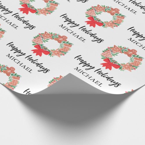 Personalized Happy Holidays Wreath Wrapping Paper