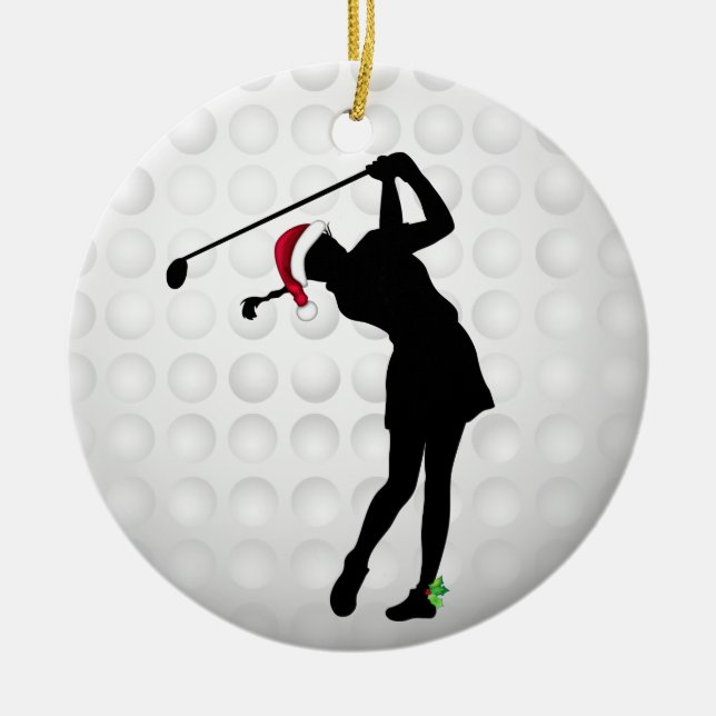 Personalized Happy Hollydays Woman Golfer Ceramic Ornament (Front)