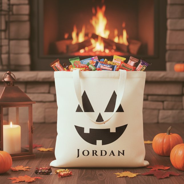 Personalized Happy Jack-O-Lantern Face Halloween Tote Bag (Personalized Happy Jack-O-Lantern Face Halloween Tote Bag - Just add your trick-or-treater's name!)