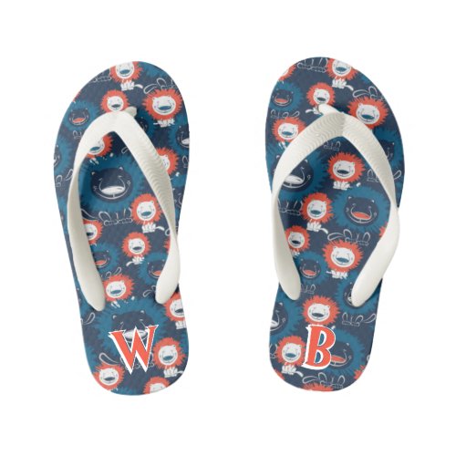 Personalized Happy Lions Navy Blue Kids Flip Flops