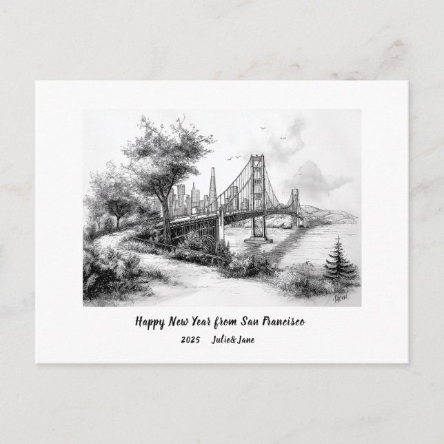 Personalized Happy New Year 2025 SF Golden Gate Holiday Postcard (Front)