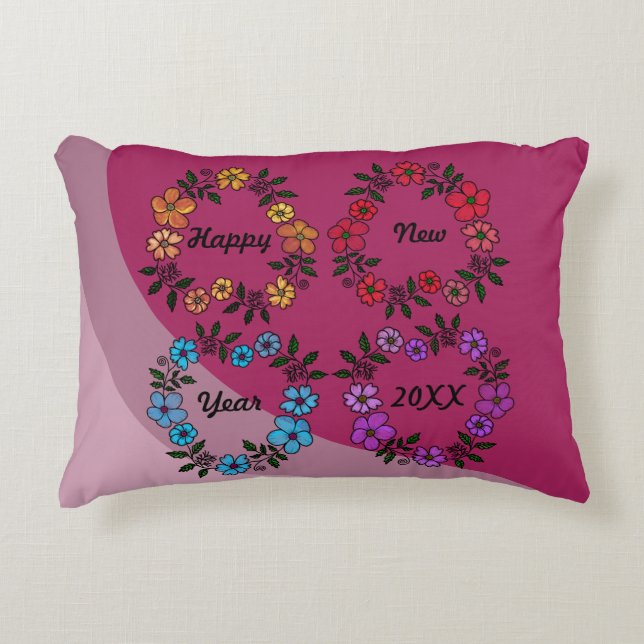 PERSONALIZED HAPPY NEW YEAR 20XX & FLOWERS WREATHS ACCENT PILLOW (Front)