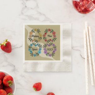 PERSONALIZED HAPPY NEW YEAR 20XX & FLOWERS WREATHS NAPKINS