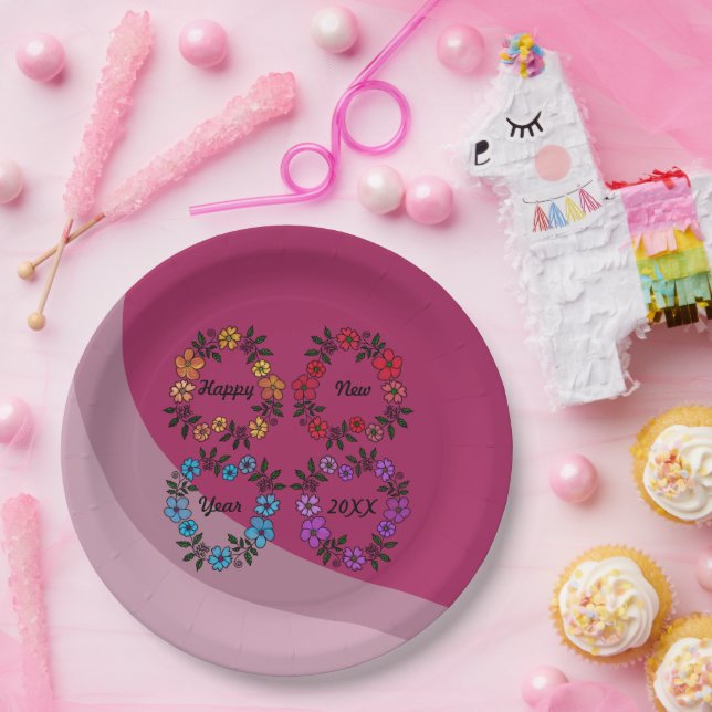 PERSONALIZED HAPPY NEW YEAR 20XX & FLOWERS WREATHS PAPER PLATES (Party)