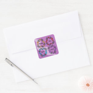PERSONALIZED HAPPY NEW YEAR 20XX & FLOWERS WREATHS SQUARE STICKER