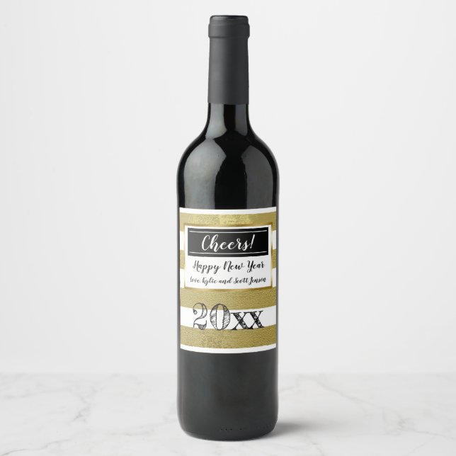 Personalized Happy New Year Gold  and Black Cheers Wine Label (Front)