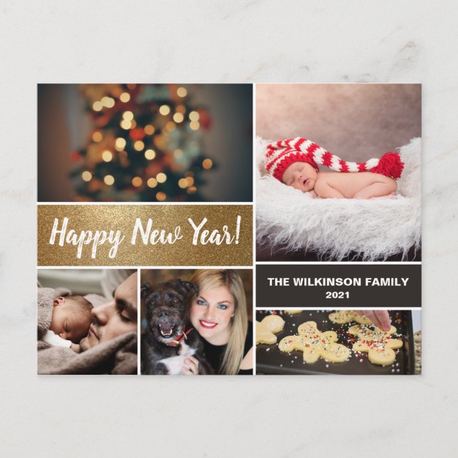 Personalized Happy New Year Gold Photo Collage Holiday Postcard (Front)