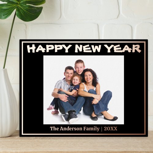 Personalized Happy New Year Modern Black Festive Foil Holiday Postcard