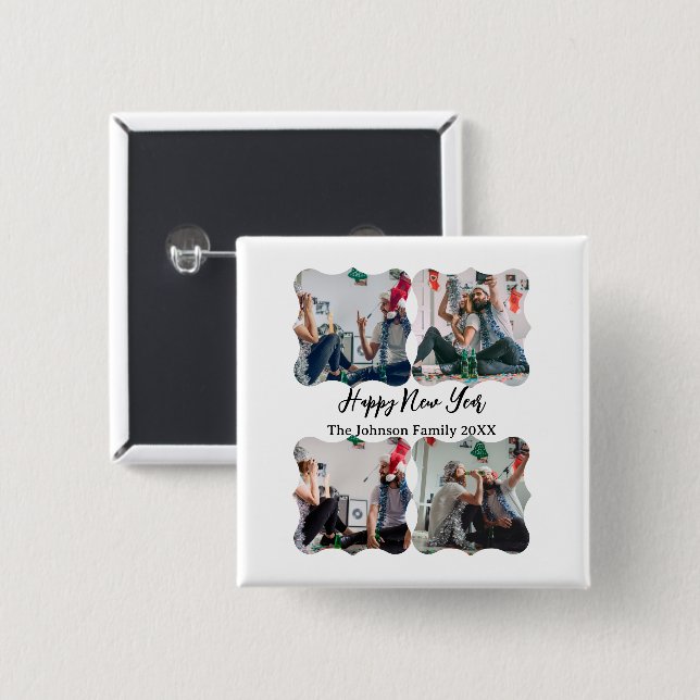 Personalized Happy New Year Script 4 collage photo Button (Front & Back)