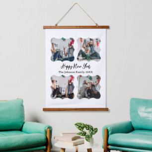 Personalized Happy New Year Script 4 collage photo Hanging Tapestry