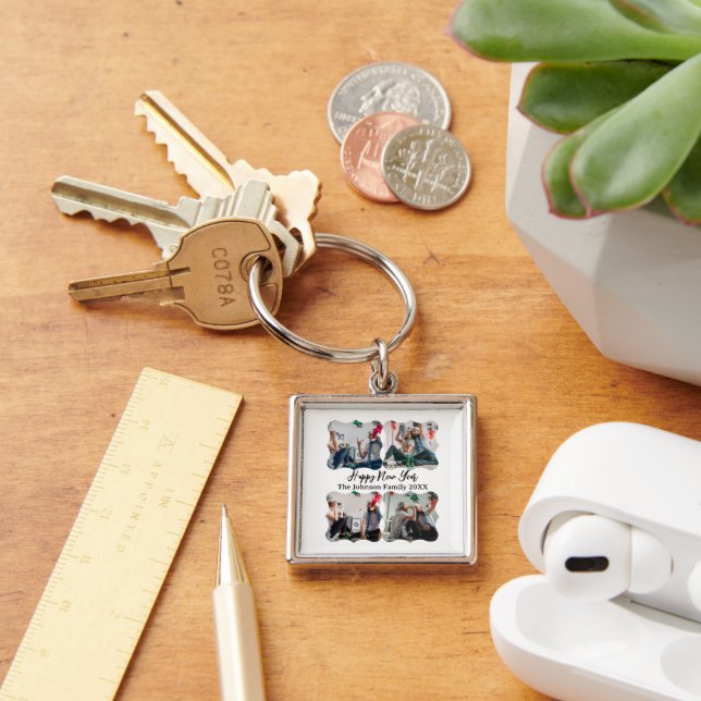 Personalized Happy New Year Script 4 collage photo Keychain (Desk)