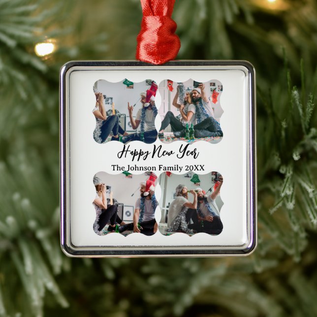Personalized Happy New Year Script 4 collage photo Metal Ornament (Tree)