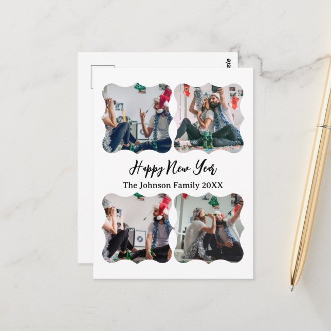 Personalized Happy New Year Script 4 collage photo Postcard (Front/Back In Situ)
