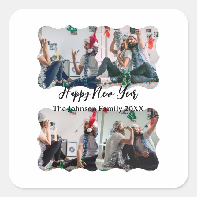 Personalized Happy New Year Script 4 collage photo Square Sticker (Front)