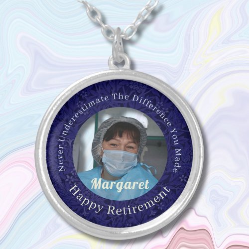 Personalized Happy Nurse Retirement Gifts Blue Silver Plated Necklace