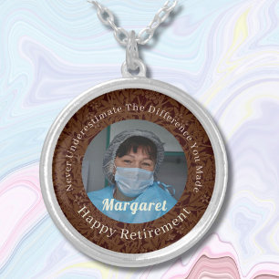 Personalized Happy Nurse Retirement Gifts Brown Silver Plated Necklace