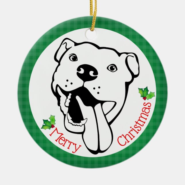 Personalized Happy Pit Bull Christmas Ceramic Ornament (Front)