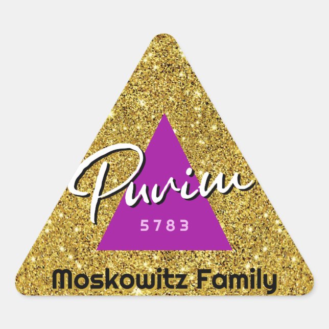  Personalized Happy Purim Faux Glitter Hamentash   Triangle Sticker (Front)